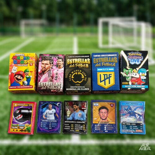 Caja carta de messi afa pokemon estrellas de futbol y Mario x31 cartas
